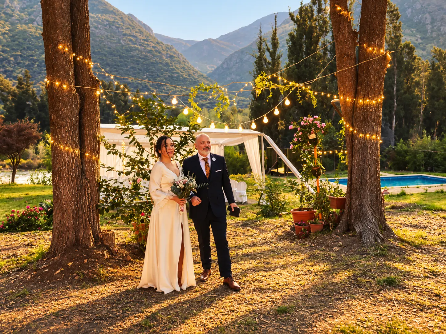 Matrimonio bohemia con luces al atardecer